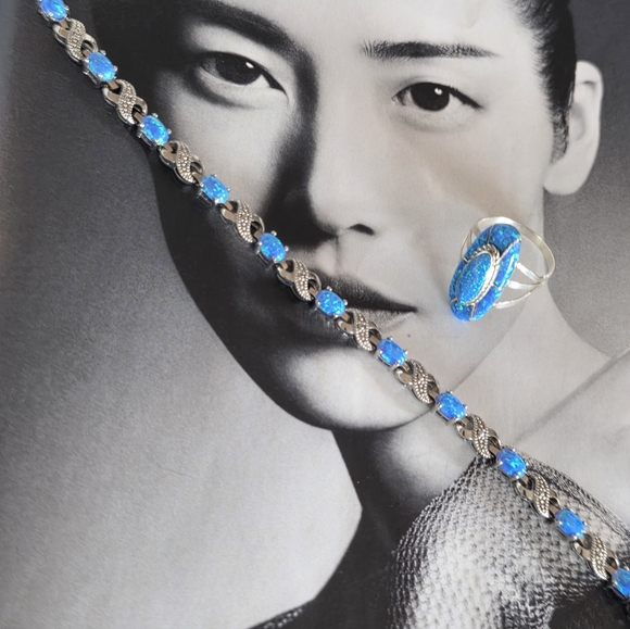 So GOOD🩵Stunning OPAL Silver Inlay Ring Size 8 - Picture 2 of 16